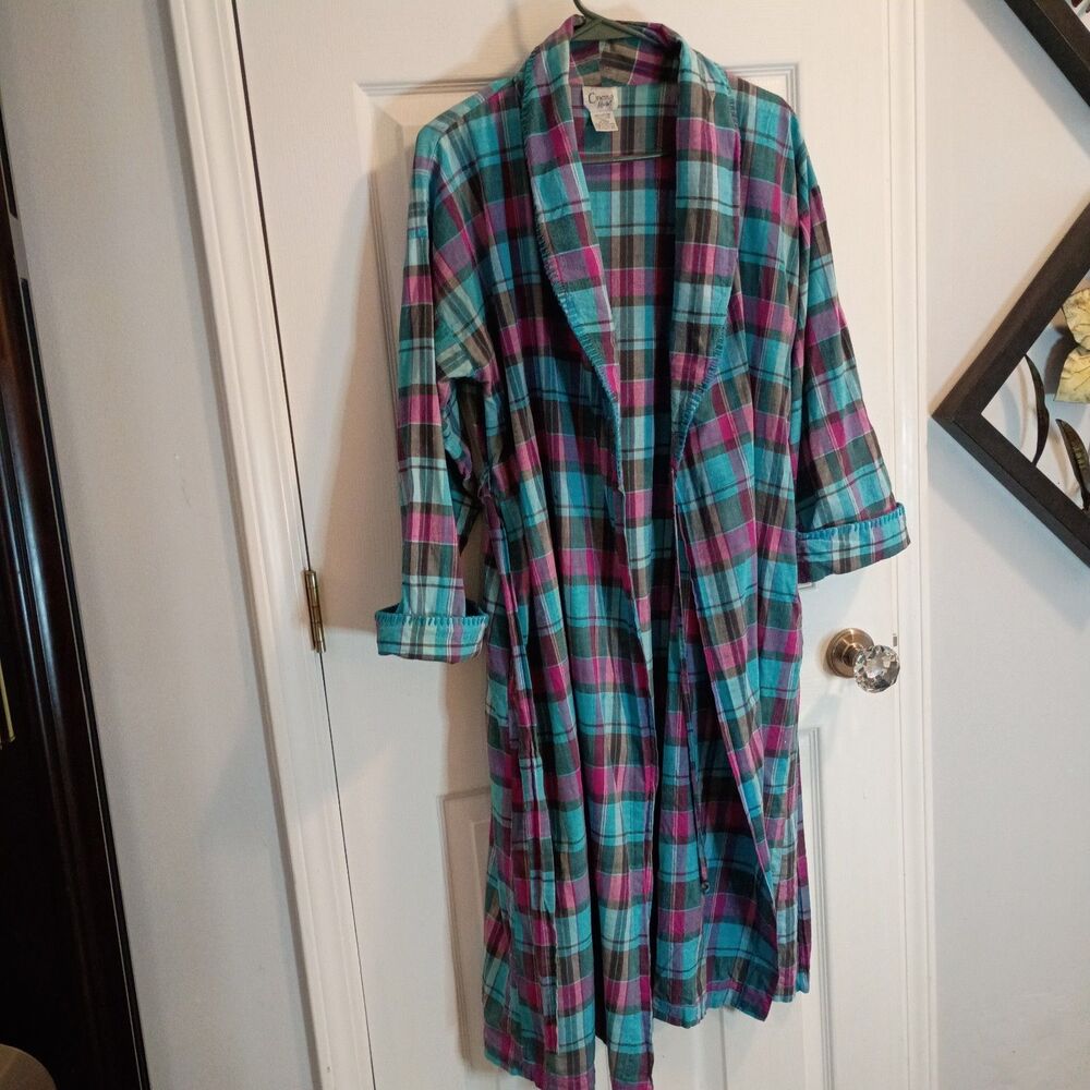 VTG Cinema Etoile Plaid Cotton Robe S Housecoat Blanket Stitch Grandmacore 90s